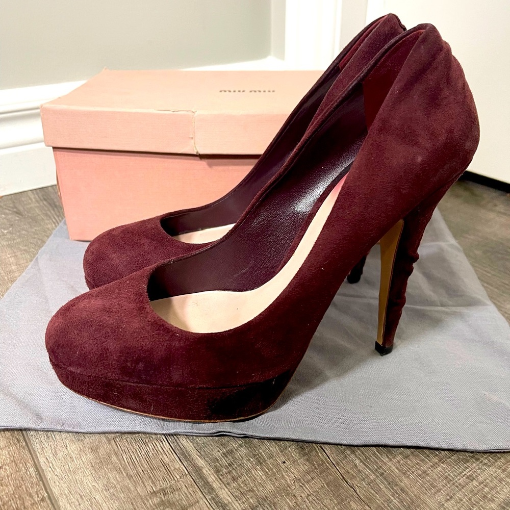 Miu Miu Deep Wine Pumps with Textured Heel, Size 8+ Dust-bag + Box